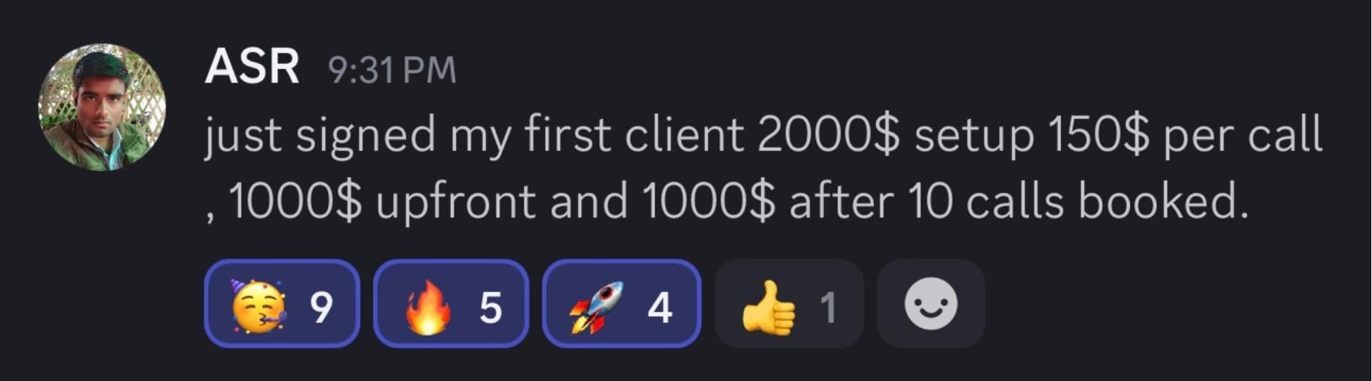Student result: signed first client, $2000 setup