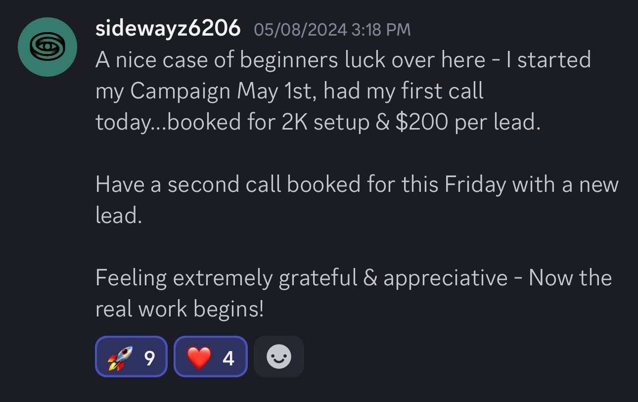 Student result: first call booked, 2K setup + $200/lead